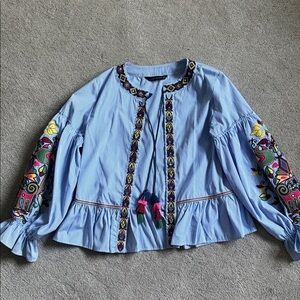Zara Woman Blue Striped Embroidered Boho Peasant Blouse Size 6